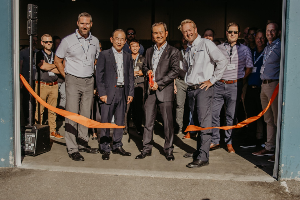 Left to Right Adam Wills Ryan Shin Scott Lee and Eric Moffroid Officially Open the New Navien Canada Distribution Centre with a Ceremonial Ribbon Cutting
